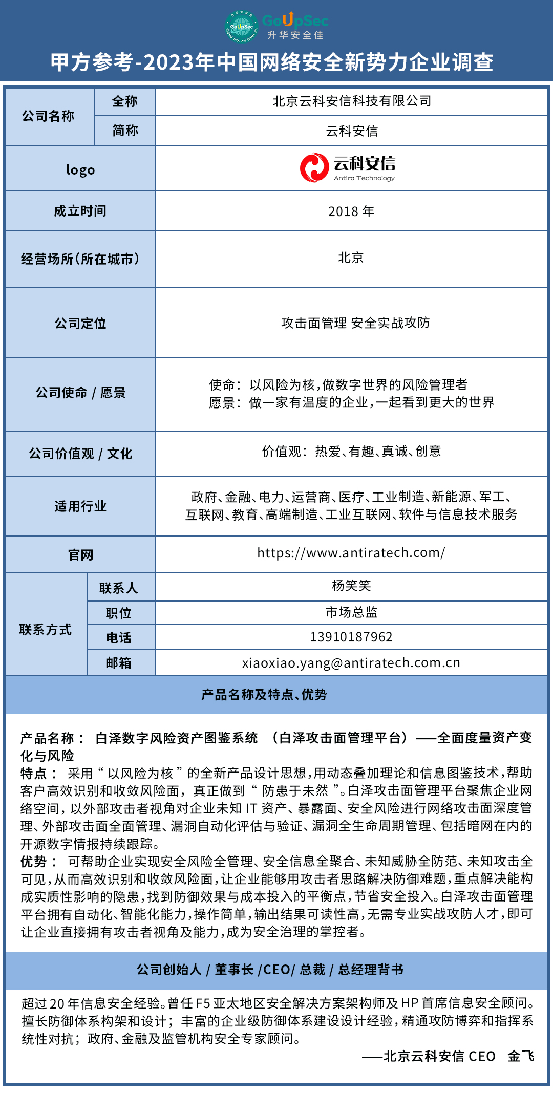 中国网络安全新势力调查报告》——甲方认可的30家网络安全创业公司- GoUpSec